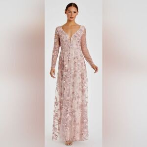 Mac Duggal 70224 Floral Applique Long Sleeve Illusion Gown NWT Sz  12 Rose Pink